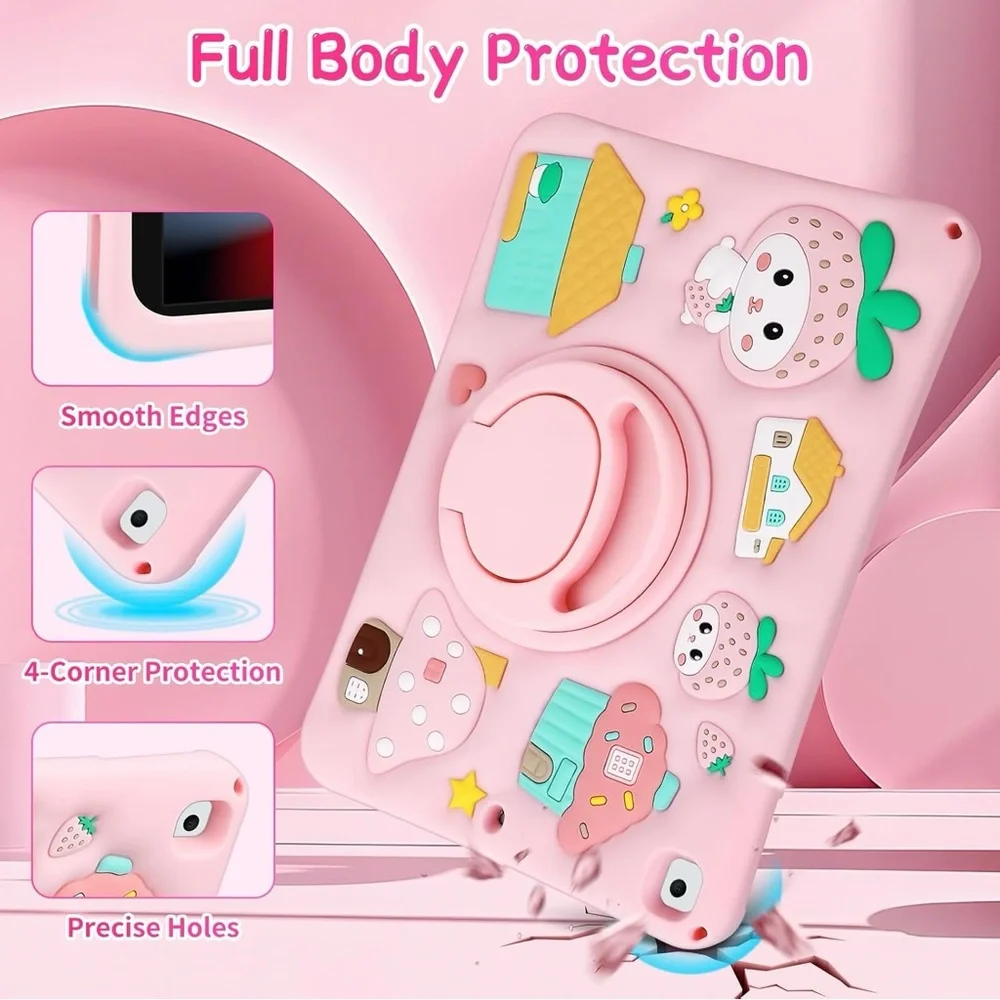 Kids iPad 10.2 Case Pink Strawberry Mushroom w Strap Stand iPad 7th 8th 9th